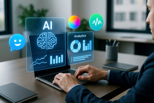 Person working on a laptop with AI and analytics holographic interface in an office artificial intelligence