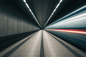 Empty subway platform with futuristic light trails from passing train, symmetrical lines. generative AI