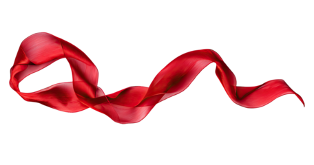A vibrant, flowing ribbon of crimson fabric against a stark black background, with ethereal motion