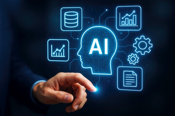 Person's finger interacting with AI head icon and digital data icons on a dark background artificial intelligence