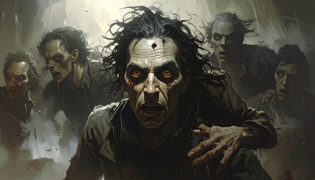 A horde of grotesque, bloody zombies