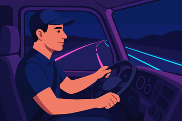 Driver in uniform navigating empty highway at night in modern truck