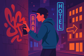 Urban street art at night with neon lights and graffiti artist in action