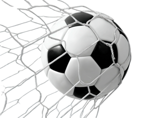 A soccer ball, black and white, nestles perfectly in a net against a stark black background