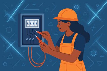 Electrician working on circuit breaker panel illustration in modern flat design