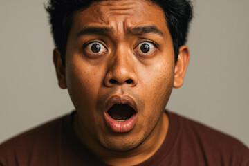 Shocked young indonesian man with wide eyes and open mouth on neutral background, expressing surprise, disbelief and reaction meme energy — generative AI
