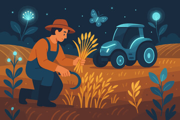 Farmer harvesting wheat at night with glowing tractor in stylized landscape