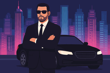 Confident bodyguard in suit poses against neon cityscape at night