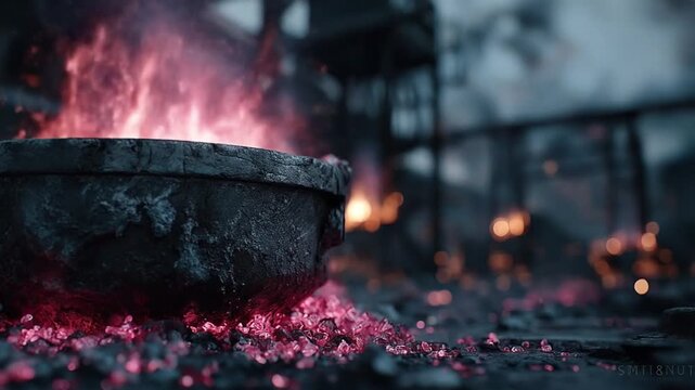 Mysterious cauldron with glowing ember in dark atmosphere