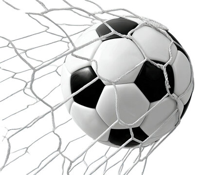 A soccer ball, black and white, nestles perfectly in a net against a stark black background
