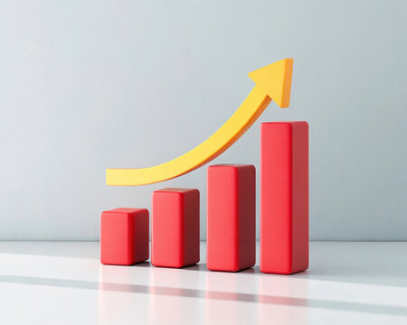 Minimalist 3D render business growth chart graph bars ascending arrow upward trend economic progress success financial market