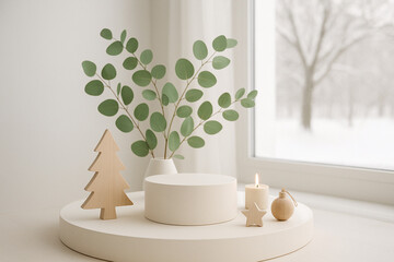 Scandinavian Christmas Display with White Podium and Eucalyptus