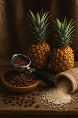 Rustic still life of portafilter with coffee beans, spilled rice and two pineapples on wooden table, warm artisan vibe — generative AI