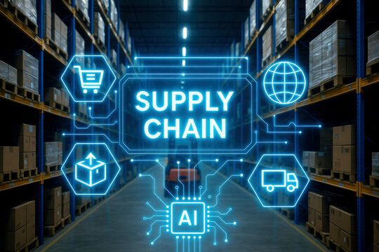 Warehouse with AI and supply chain icons and a forklift in the background artificial intelligence logistics