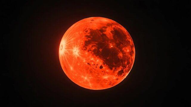 Bright red moon glowing in dark sky