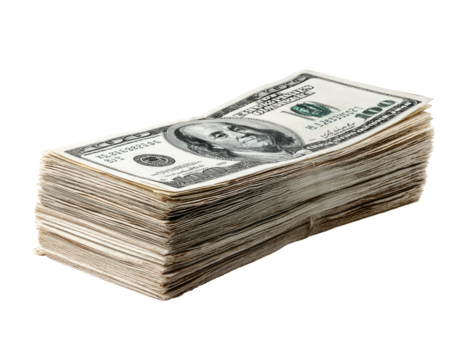 A thick stack of US hundred-dollar bills, with an opaque background, angled for visibility