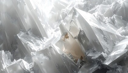 Close-up of intricate, crystalline structures.  Interlocking,  faceted shapes in shades of white and light beige.  Illuminated areas highlight facets and crevices