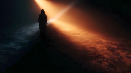 Fototapeta premium A solitary silhouetted figure stands between contrasting beams of light symbolizing a pivotal choice or journey