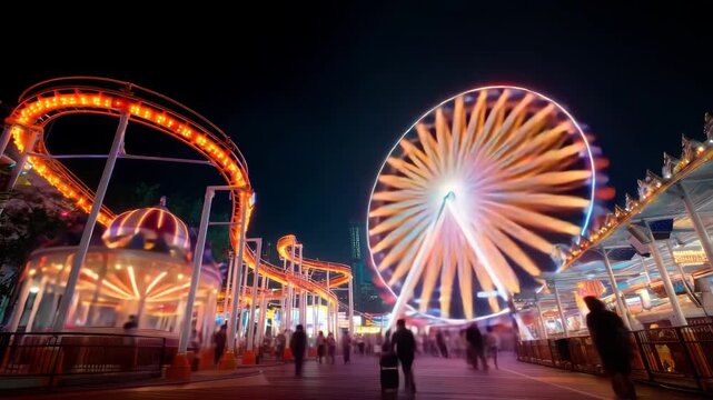 Amusement park rides glowing at night