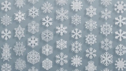 Close-up view of many diverse, delicate snowflakes on a gray background