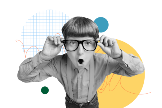 Creative collage of funny nerd boy amazed reaction school day shopping kids education concept bizarre unusual fantasy billboard comics
