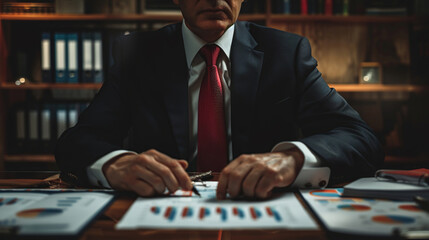Businessman analyzing financial charts report