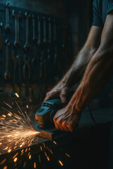 Close view of hands using angle grinder, vivid orange sparks flying across moody workshop background, maker culture energy — generative AI