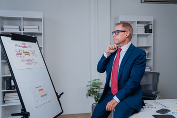 Senior businessman in a suit and red tie sitting on a desk in his office, thoughtfully adjusting...