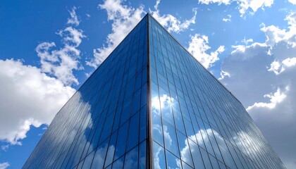Architectural marvel of a modern glass skyscraper against a vibrant daytime sky