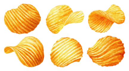 Six isolated, ridged golden snacks, varying shapes, on black background, a food item