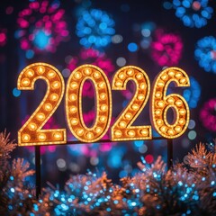 Bright marquee lights displaying the year 2026 with festive bokeh background