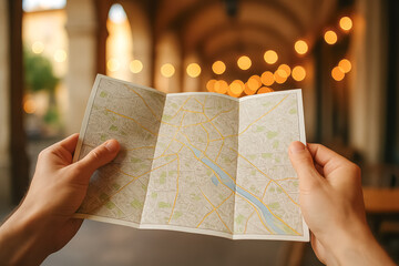 Hands holding a folded city map with bokeh lights and arches in background; navigation, planning and travel concept — generative AI