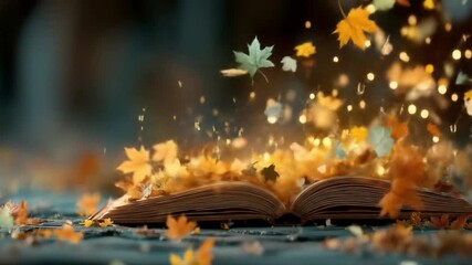 Open book with autumn leaves and sparkling lights magical concept - Powered by Adobe