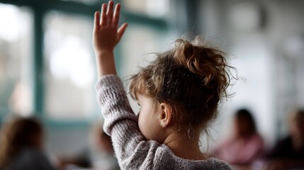 Close up of a young child s raised hand in a bright classroom symbolizing active participation and a curious mind