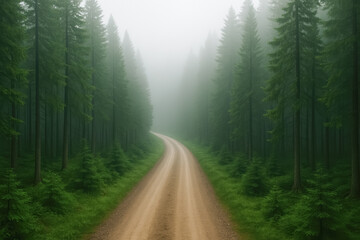 Dirt road curves through dense conifer forest wrapped in morning fog, soft green tones and peaceful wilderness mood — generative AI
