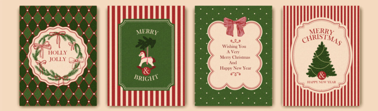 Naklejki Christmas, New Year retro holiday cards set. Season's greetings. Christmas tree, horse, bows, wreath. Vintage frame design. Old paper texture. Retro geometric patterns.