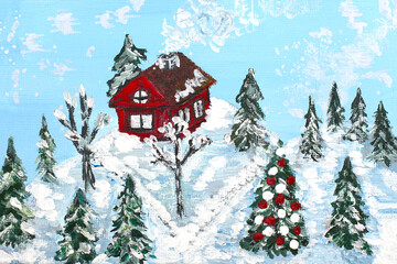 Fototapeta premium Red house on a hill in the forest and a Christmas tree. Winter Christmas landscape. Texture paper. Template the design of posters, cards, invitations. Hand painted New year illustration card