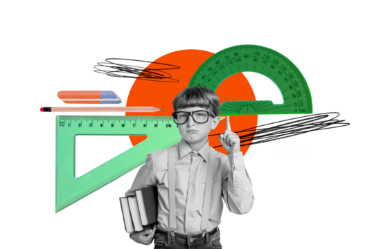 Creative trend collage of funny nerd boy math lesson school day shopping kids education concept bizarre unusual fantasy billboard comics