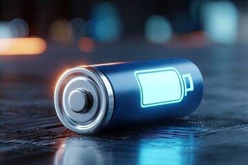 A close-up of a cylindrical battery with a glowing charge indicator on a circuit board