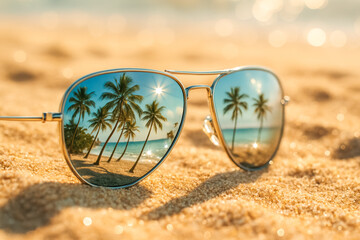 Aviator shades on sand reflecting palm trees and sparkling sea; tropical getaway mood. generative AI