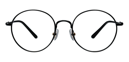A detailed close-up of a pair of black, round-framed eyeglasses. A focus on the shape and details