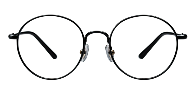 A detailed close-up of a pair of black, round-framed eyeglasses. A focus on the shape and details