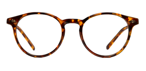 A pair of eyeglasses with brown and amber tortoise-shell pattern, circular lens frames, and arms