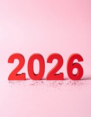 Red wooden numbers '2026' scattering glitter on a soft pink background, modern and stylish look, festive mood.