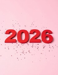 Red wooden numbers '2026' scattering glitter on a soft pink background, modern and stylish look, festive mood.