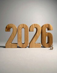 Wooden numbers '2026' on a gray background, softly lit, with visible wood texture details on each number, small number '5' beside.