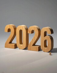Wooden numbers '2026' on a gray background, softly lit, with visible wood texture details on each number, small number '5' beside.