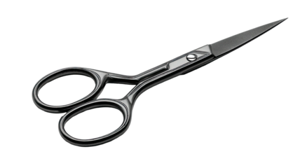 Close-up shot of small, shiny scissors with round finger holes, isolated on a black background