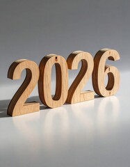 Wooden numbers '2026' on a gray background, softly lit, with visible wood texture details on each number, small number '5' beside.