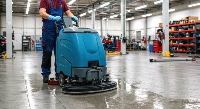 Worker operating a large floor cleaning machine in a bright industrial facility.